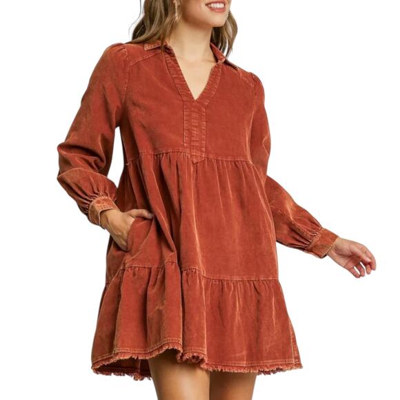Umgee Babydoll Mini Dress Womens Size Large Corduroy Mineral Washed Pockets Rust - Picture 2 of 15